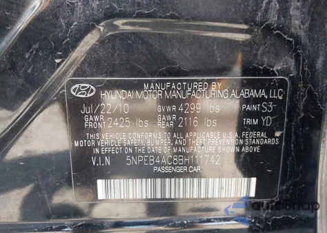 2011 Hyundai Sonata Gls z USA, uszkodzony, nr VIN 5NPEB4AC8BH111742